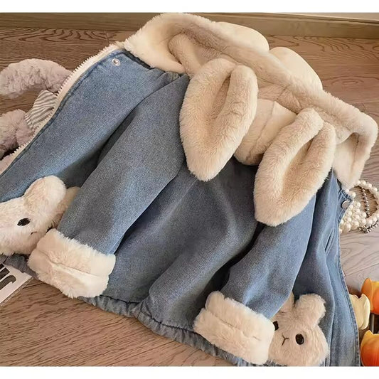Winter New Girls Denim Jacket Cartoon Rabbit Pattern Patchwork Lining Lamb Wool Thick Hooded Coats For 2-8Y Kids Warm Outerwear